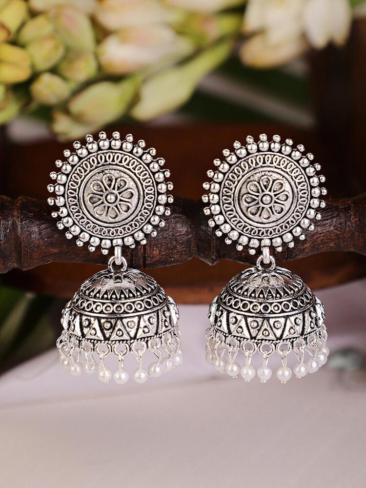 Shining Diva Silver-Toned Contemporary Jhumkas Earrings