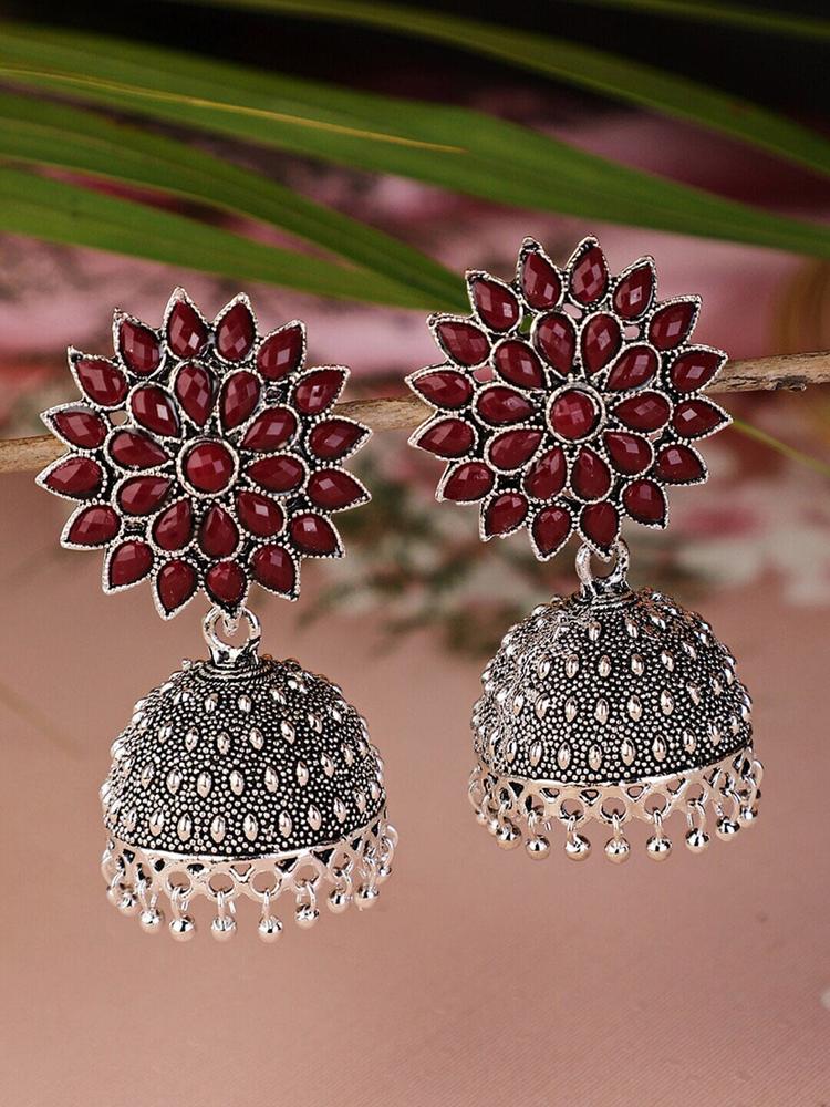 Shining Diva Maroon & Silver-Plated Floral Jhumkas Earrings