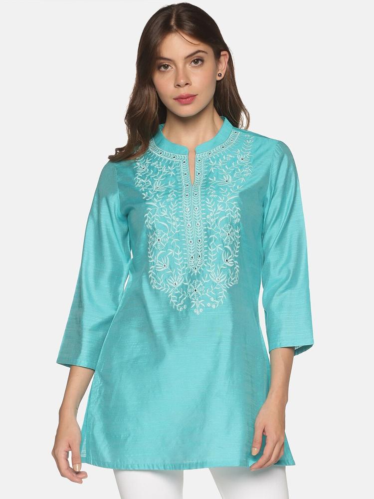 Saffron Threads Women Turquoise Blue Embroidered Tunic