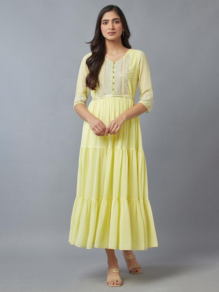WISHFUL Yellow Embroidered Ethnic Midi Dress