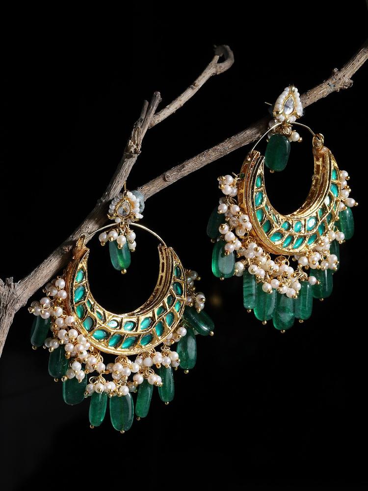 DUGRISTYLE Green & Gold-Tone & Plated Kundan Studded Classic Chandbalis Earrings