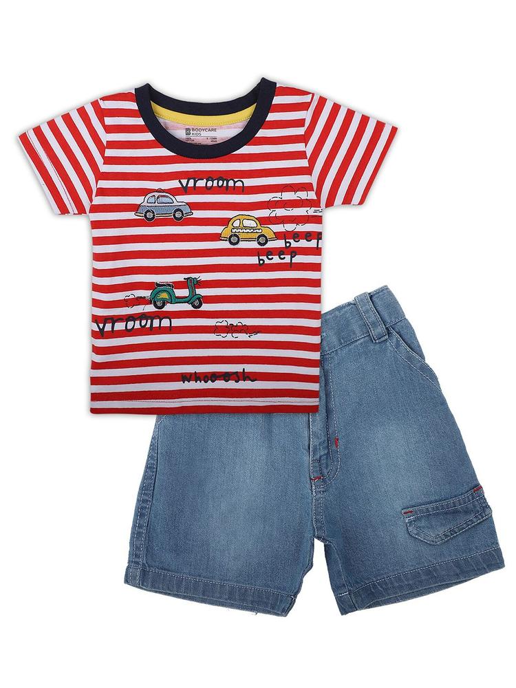Bodycare Kids Boys Red & Blue Striped Printed Pure Cotton T-shirt with Shorts Co-Ords