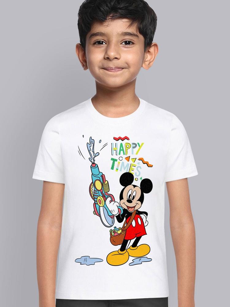 Kids Ville Boys White Mickey & Friends Printed Cotton Holi T-shirt