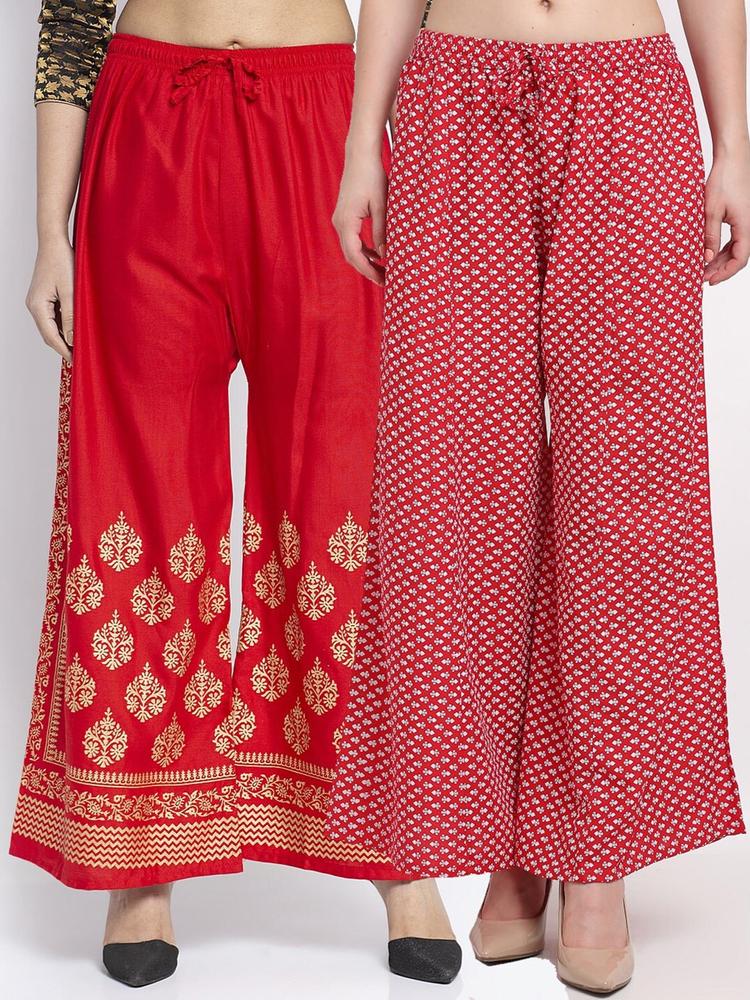 Jinfo Women Red & White Set Of 2 Ethnic Motifs Printed Flared Knitted Ethnic Palazzos
