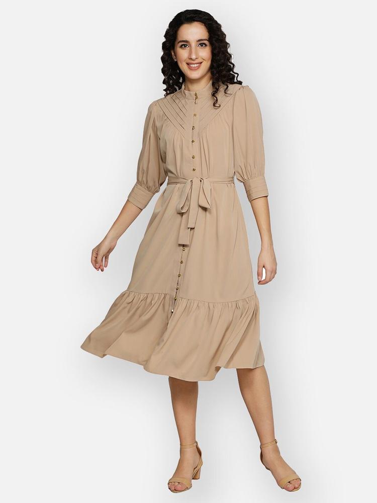 BLANC9 Women Beige Solid A-Line Cotton Midi Dress
