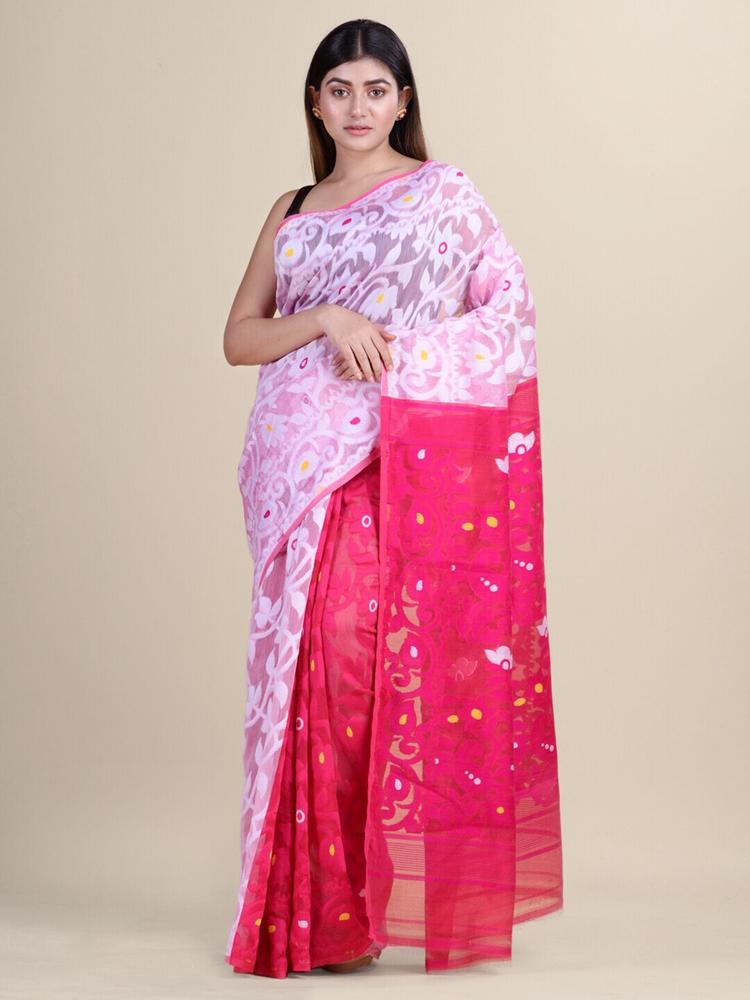 Laa Calcutta White & Pink Woven Design Silk Cotton Jamdani Saree