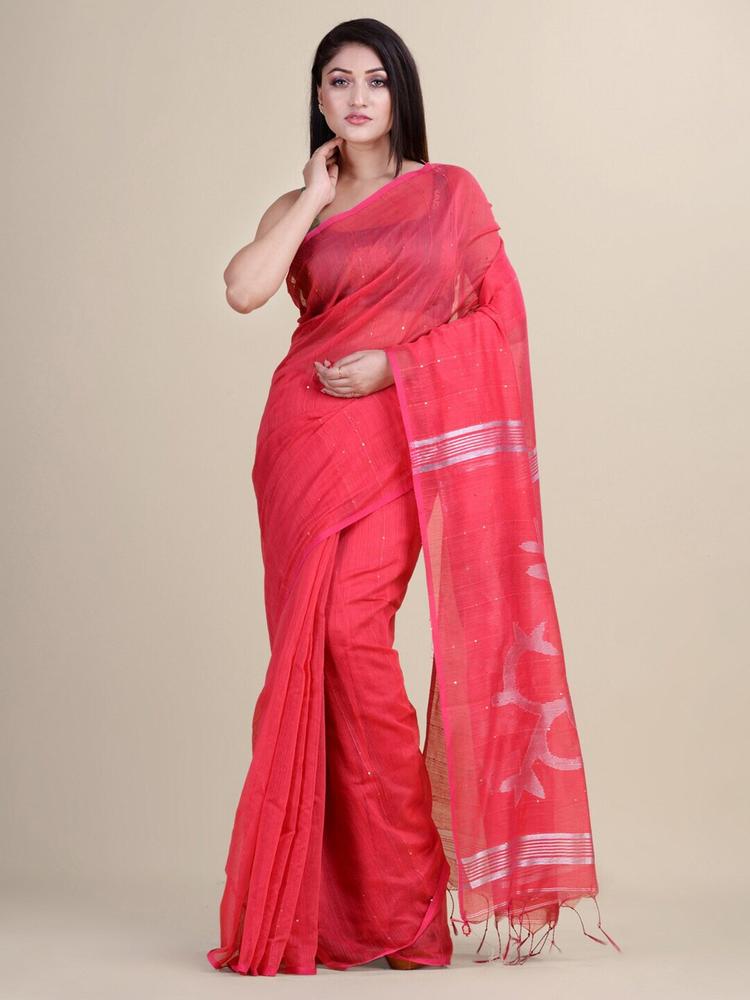 Laa Calcutta Pink & Silver-Toned Woven Design Silk Cotton Jamdani Handloom Saree