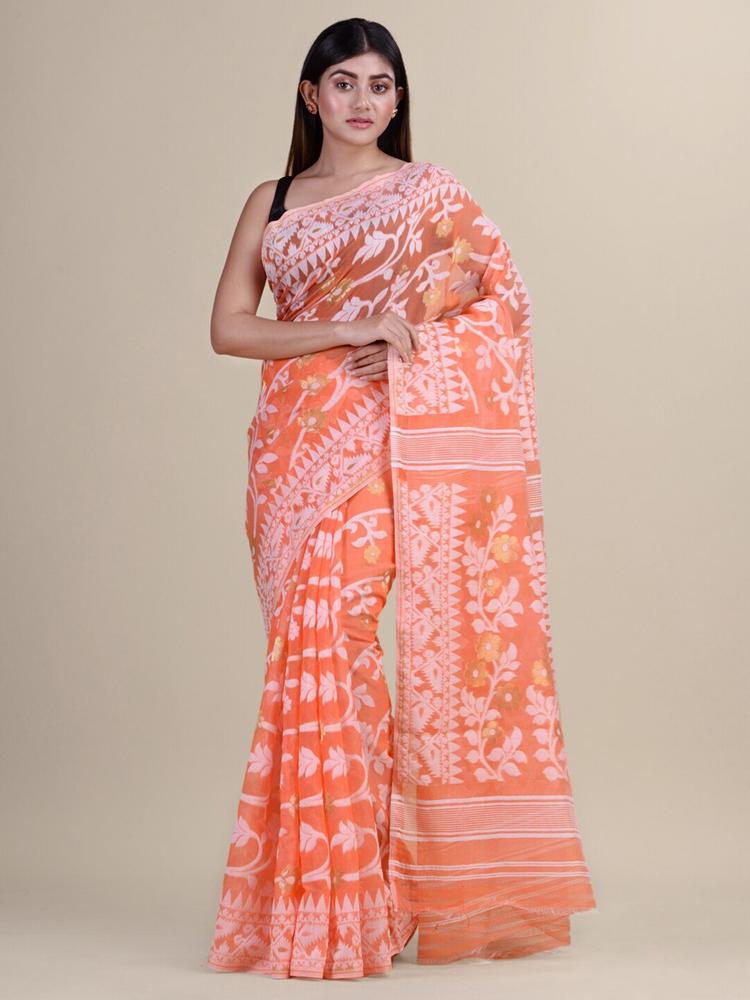 Laa Calcutta Orange & White Woven Design Silk Cotton Jamdani Saree