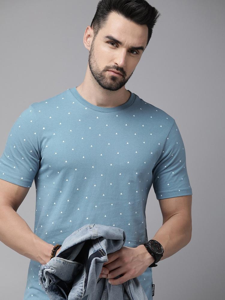 Roadster Men Light Blue Geometric Printed Pure Cotton T-shirt