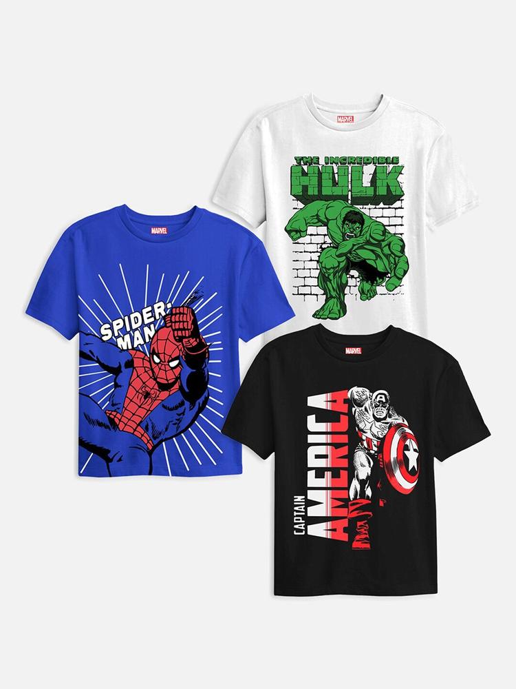 YK Marvel Boys Pack Of 3 Captain America Spiderman & Hulk Printed Cotton T-shirts