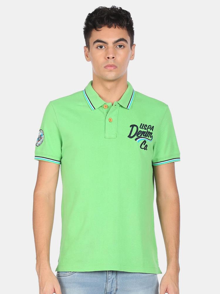 U.S. Polo Assn. Denim Co. Denim Co. Men Green Pure Cotton Polo Collar T-shirt