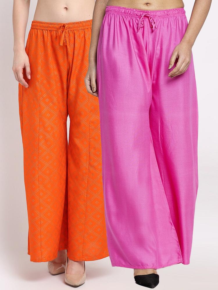 Jinfo Women Pack of 2 Pink & Orange Printed Flared Knitted Ethnic Palazzos