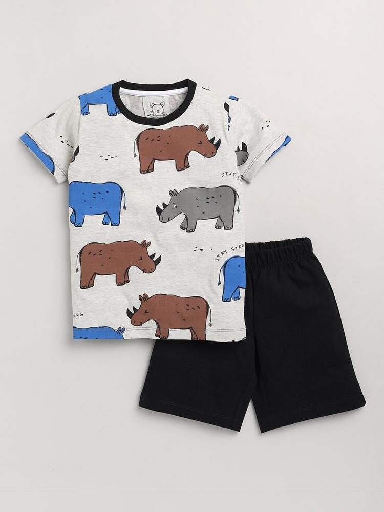 Lazy Shark Boys Grey & Black Printed T-shirt with Shorts