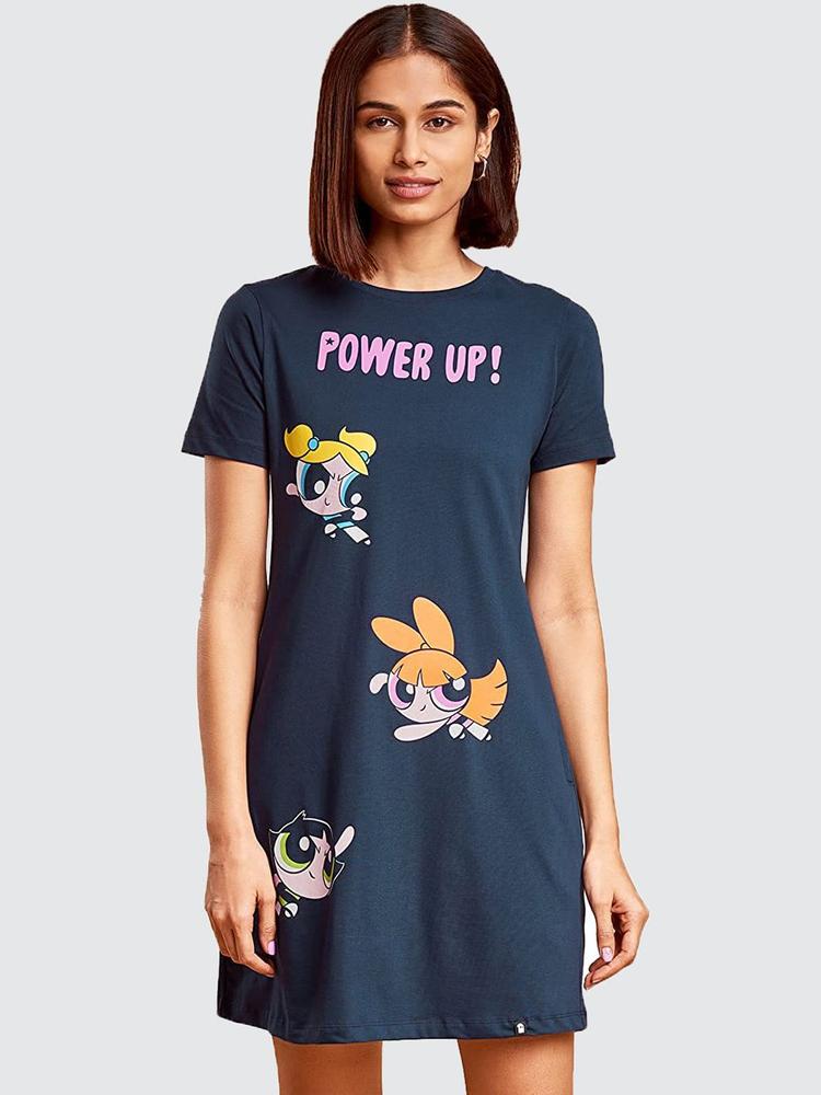 The Souled Store Teal Powerpuff Girls Printed T-shirt Dress