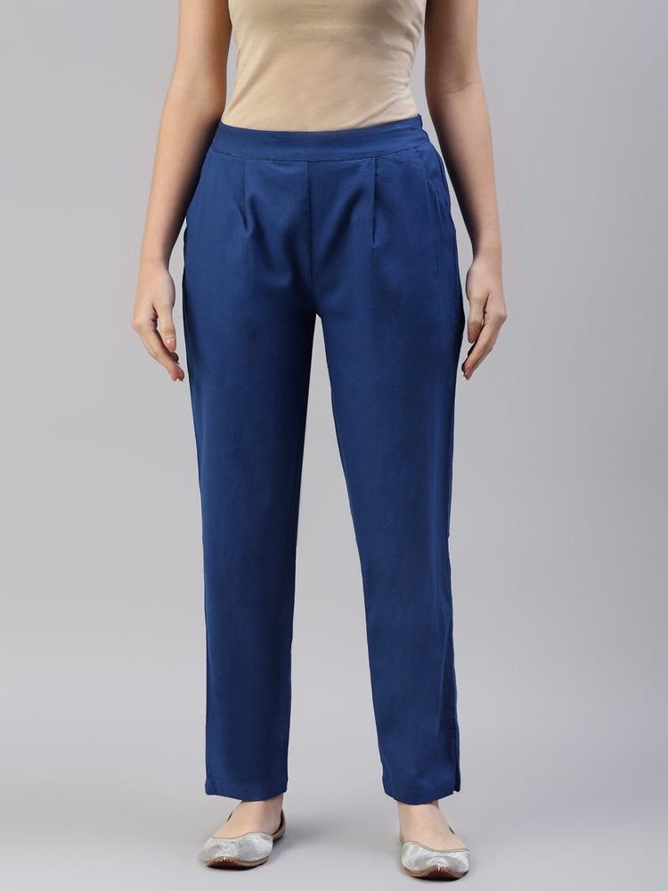 SVARCHI Women Navy Blue Solid Pleated Trousers