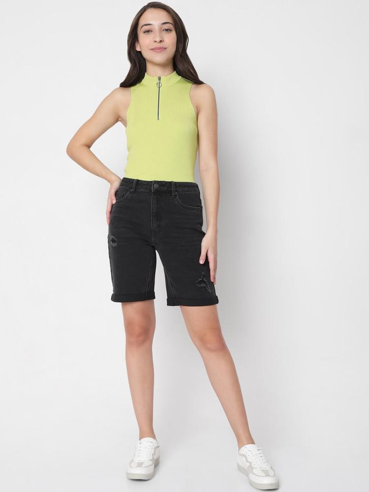 Vero Moda Women Black Solid Regular Fit High-Rise Denim Shorts