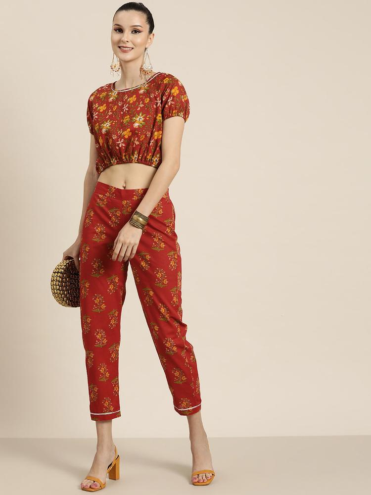 Shae by SASSAFRAS Women Rust Floral Printed Tapered Fit Cotton High-Rise Trousers