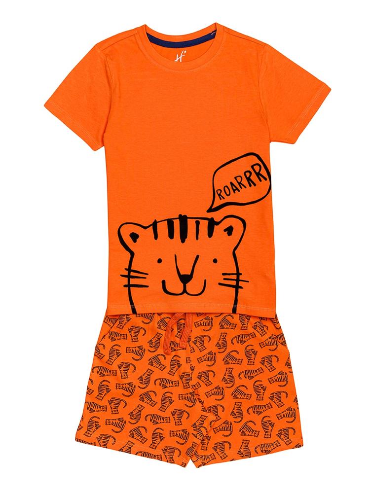 H By Hamleys Boys Orange Tiger Print Pure Cotton T-shirt with Shorts