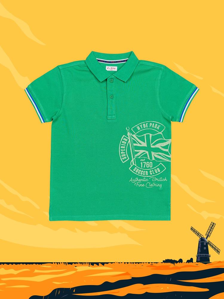 H By Hamleys Boys Green Typography Placement Print Polo Collar Pure Cotton T-shirt
