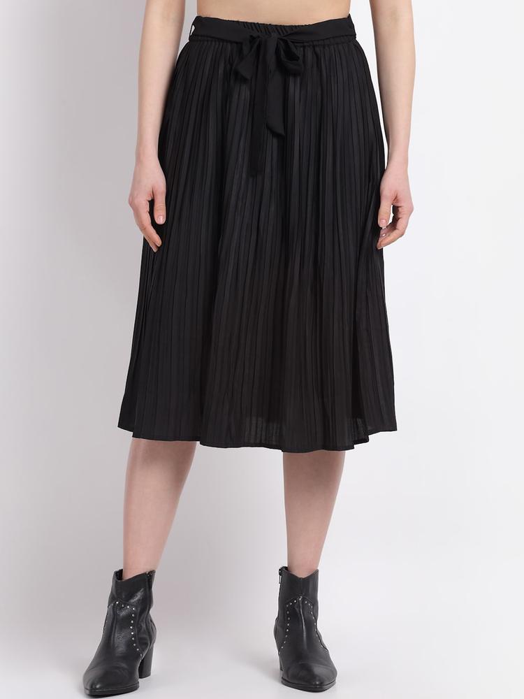 La Zoire Women Black Accordion Pleated Flared Skirt With Attached Belt