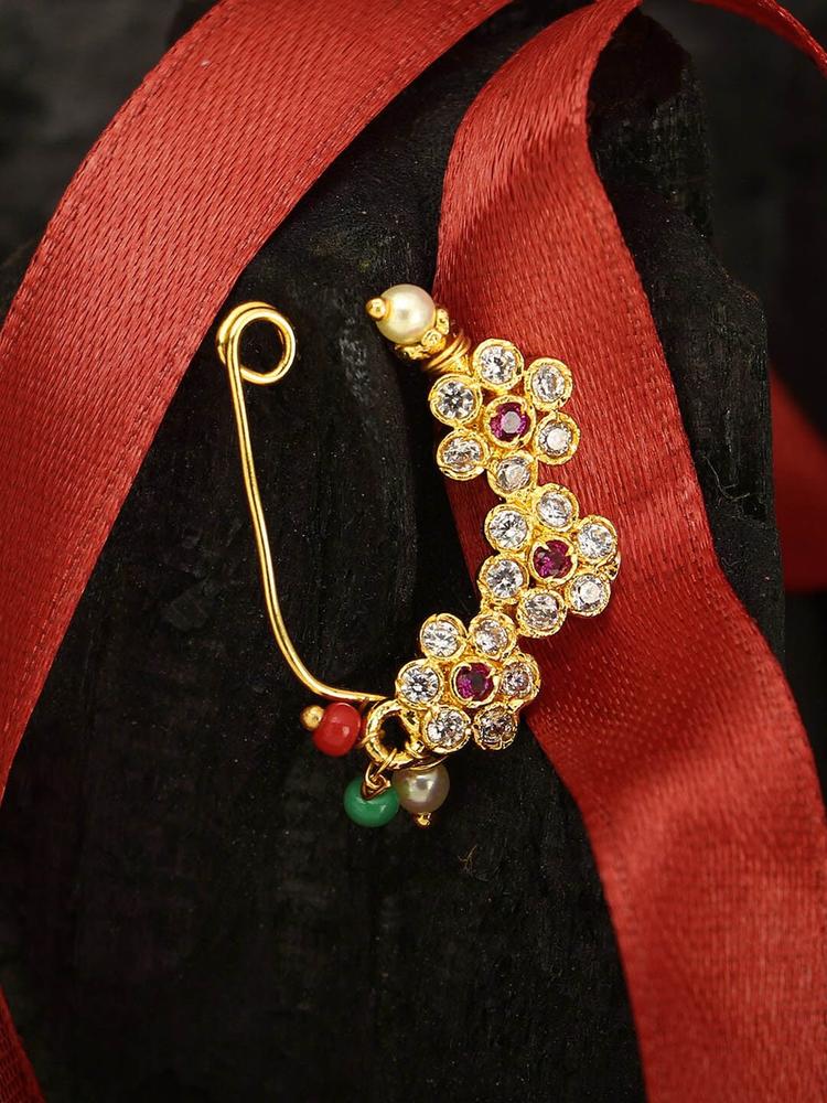 Adwitiya Collection Gold Plated & Red Studded Nose Pin