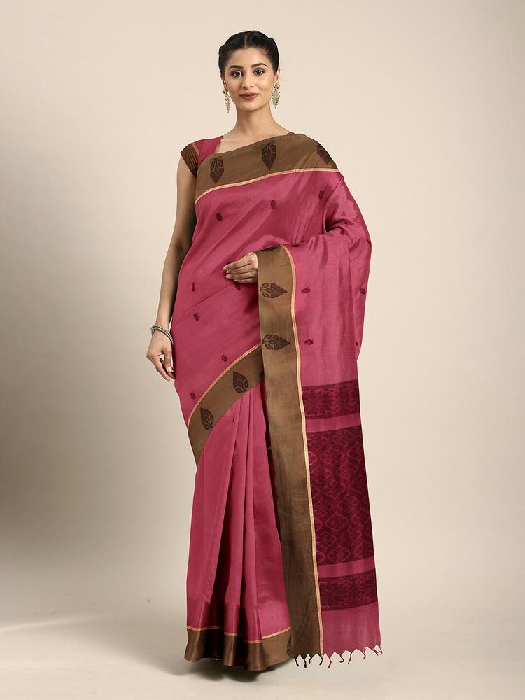 The Chennai Silks Pink & Brown Ethnic Motifs Pure Cotton Kovai Saree