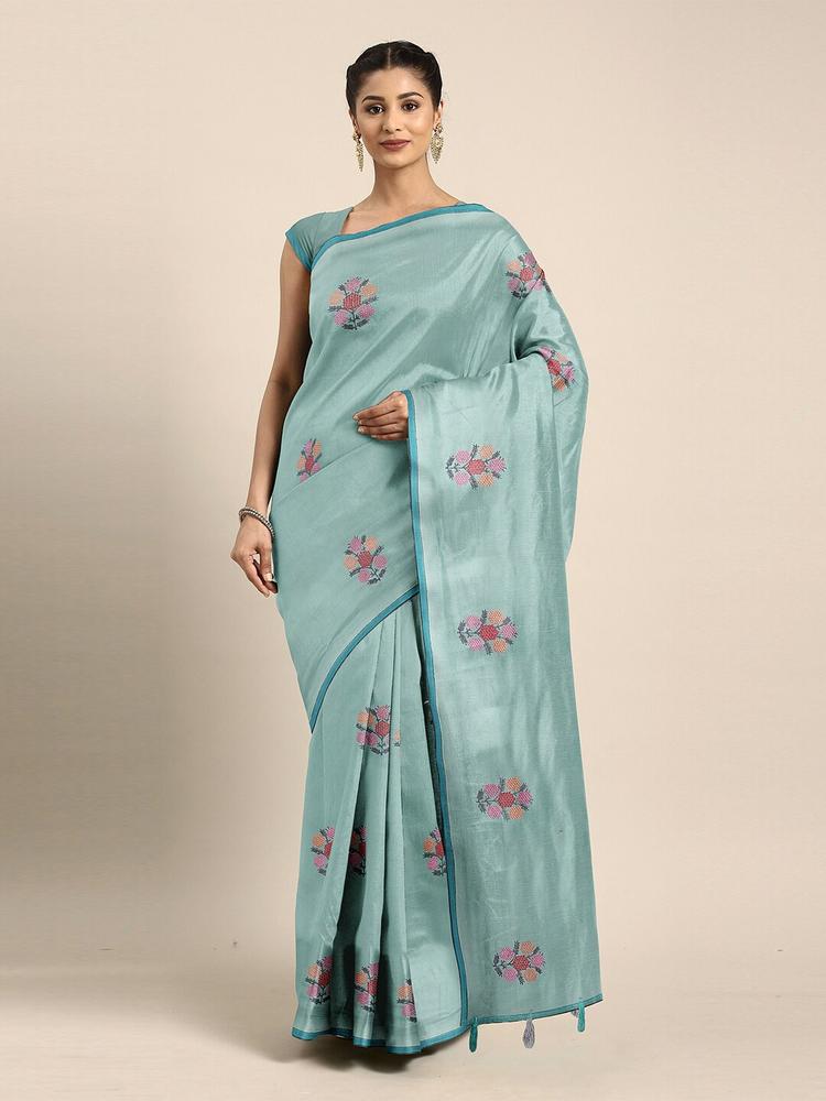 The Chennai Silks Women Teal Green Embroidered Supernet Kota Saree