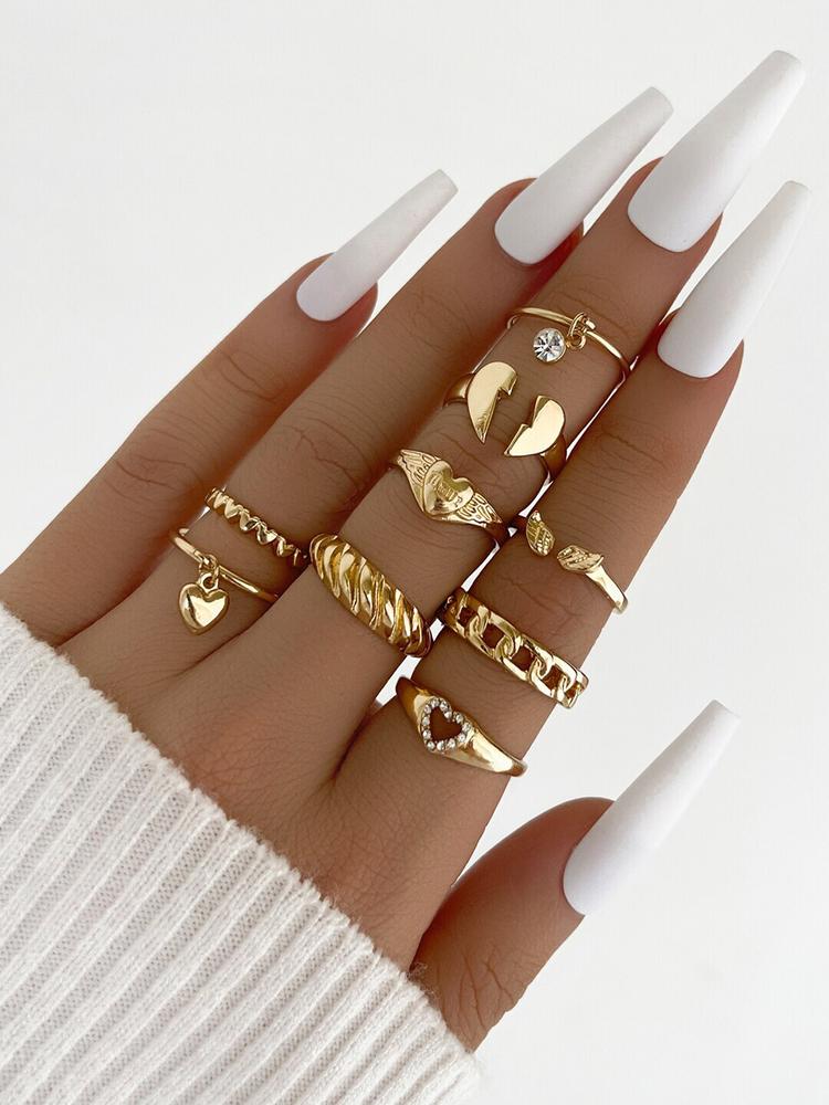 Shining Diva Fashion Set Of 9 Gold-Plated Crystal Studded Boho Adjustable Finger Rings