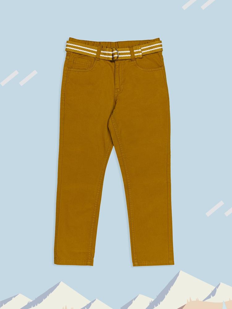 H By Hamleys Boys Camel Brown Solid Mid-Rise Plain Woven Flat-Front Pure Cotton Trousers