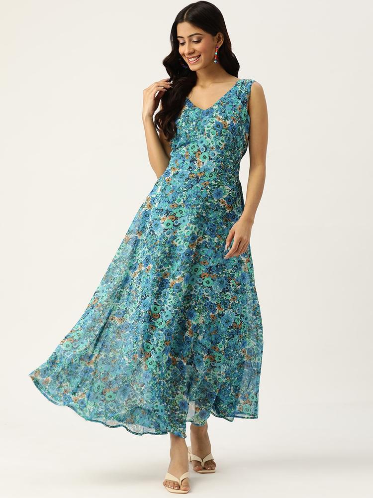 Deewa Sea Green & Navy Blue Floral Georgette Maxi Dress