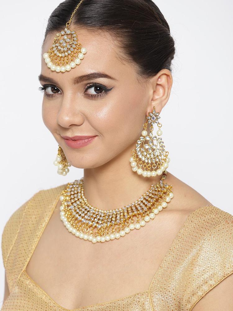 YouBella Gold-Plated White Stone-Studded & Pearl Beaded Jewellery Set
