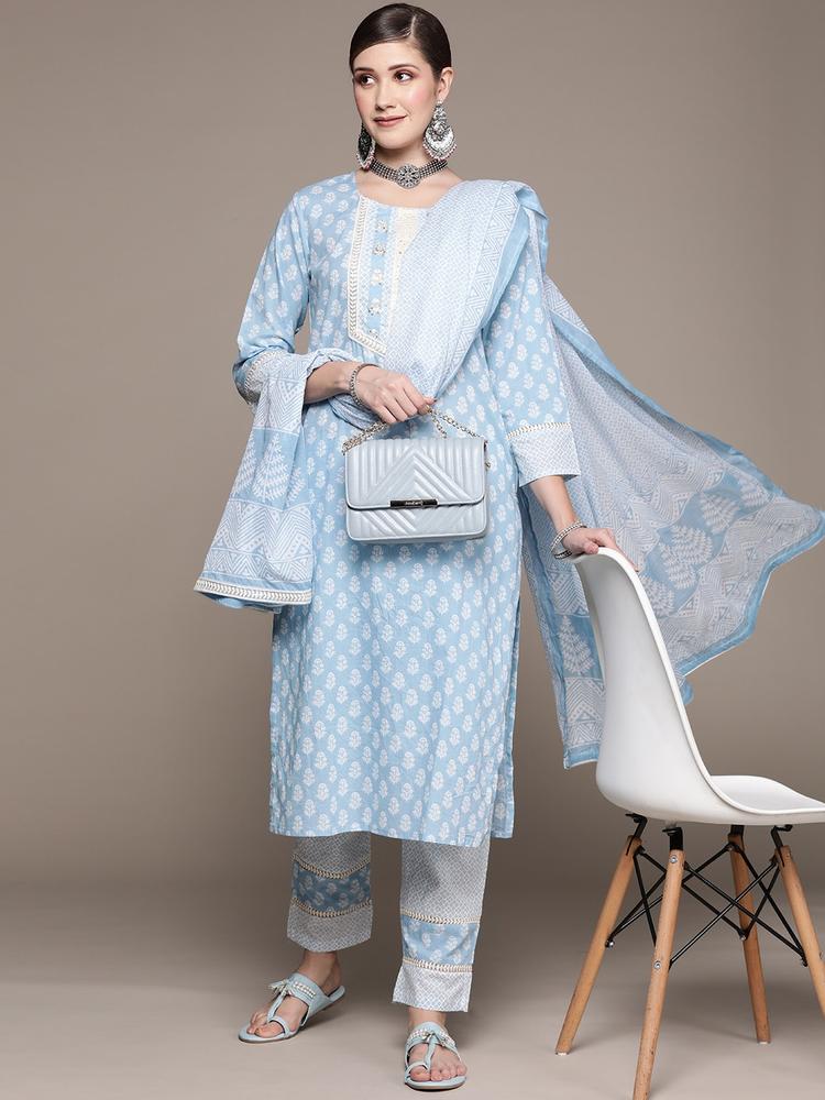 Ishin Women Blue Ethnic Motifs Printed Sequinned Pure Cotton Kurta with Trousers & Dupatta