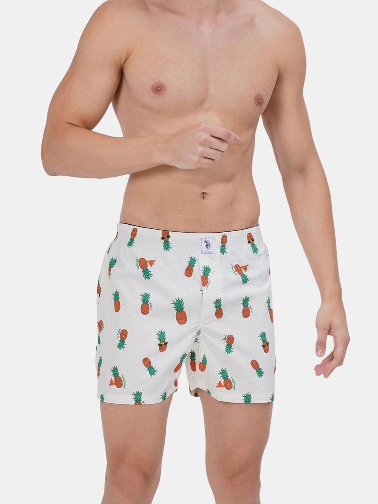 U.S. Polo Assn. Men Off White & Orange Printed Relaxed Fit Pure Cotton Boxers