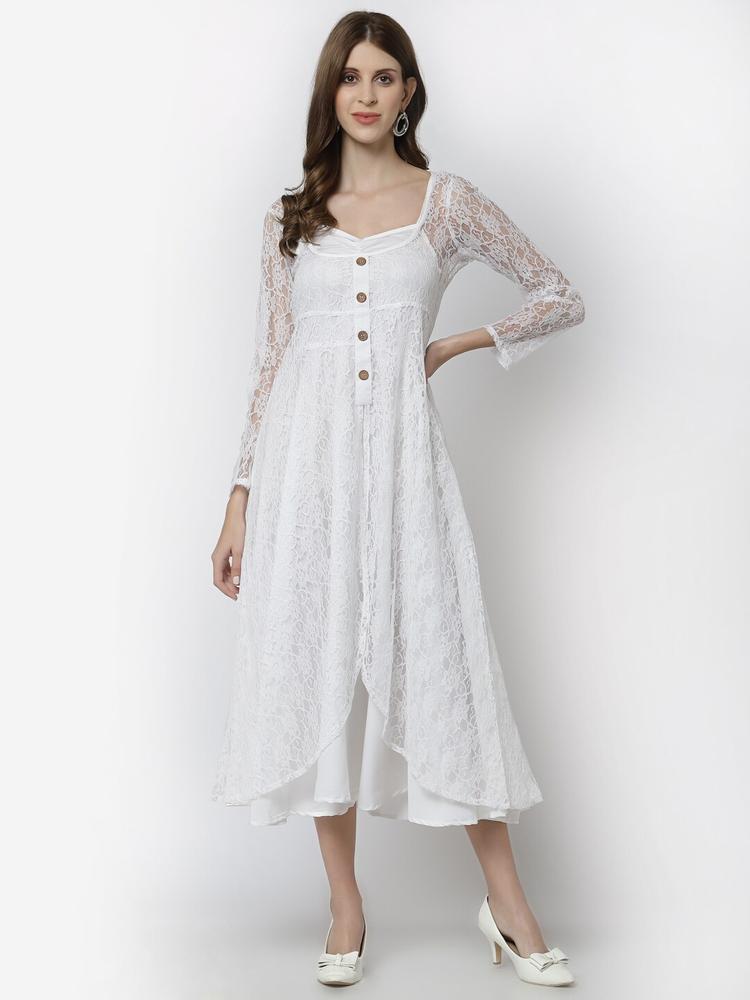 Karmic Vision Women White Net A-Line Midi Dress