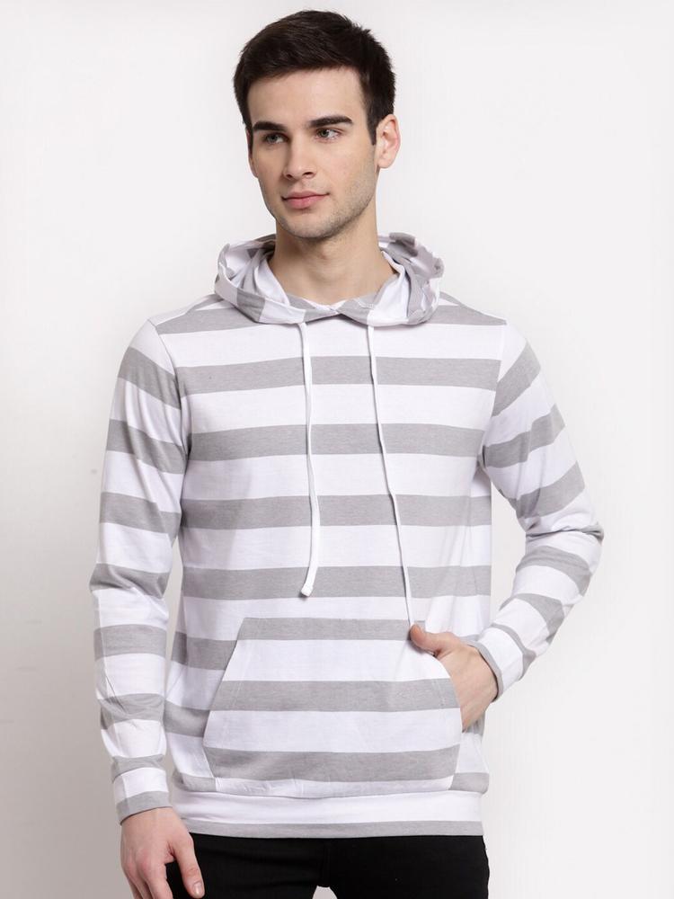 YOONOY Men White & Grey Striped Hooded Cotton Sweatshirt
