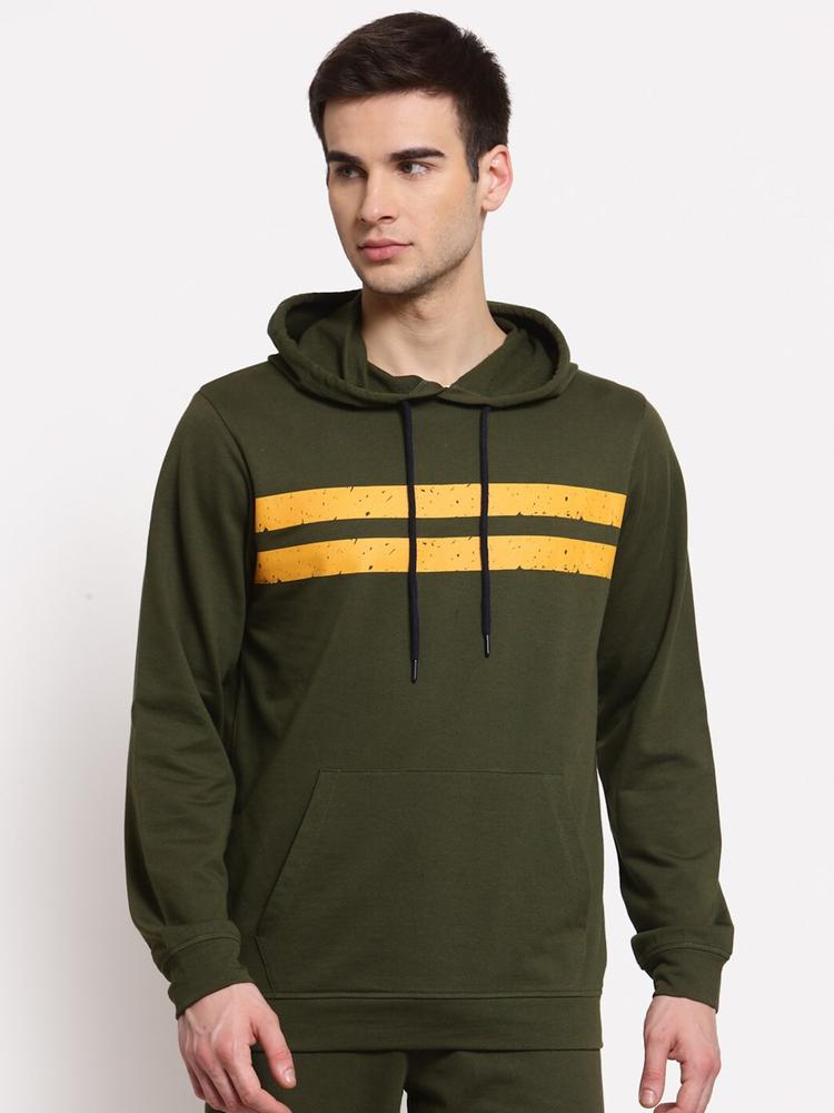 YOONOY Men Olive Green Printed Hooded Sweatshirt