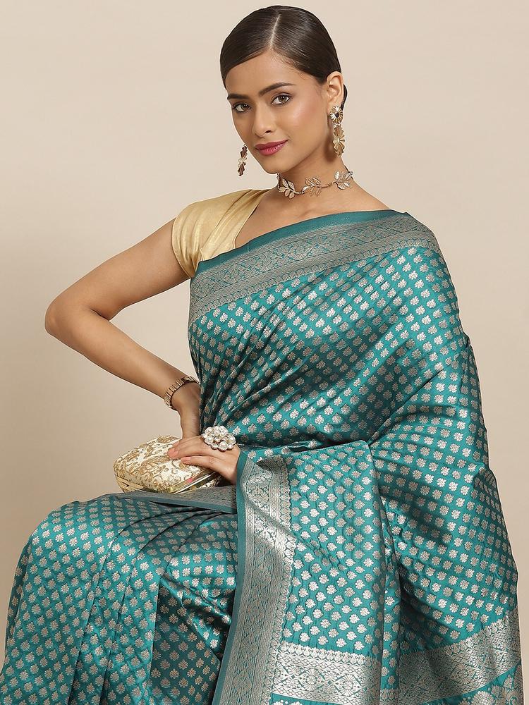 Silk Land Green & Silver Ethnic Motifs Zari Pure Silk Kanjeevaram Saree