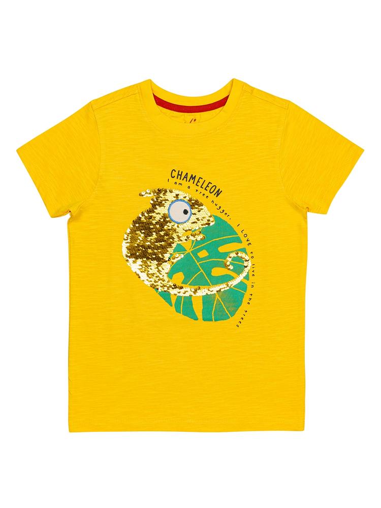 H By Hamleys Boys Yellow Animal Print Round Neck Sequinned Pure Cotton T-shirt