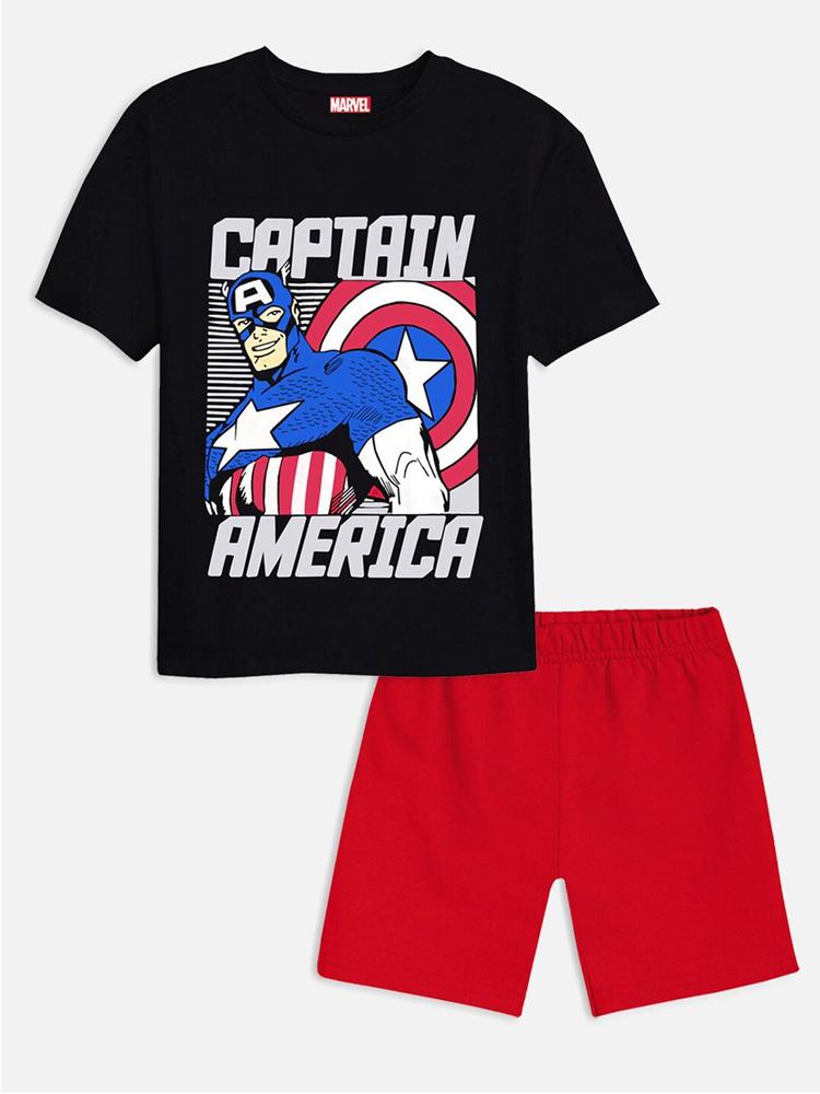 YK Marvel Boys Black & Red Captain America Printed T-shirt with Shorts