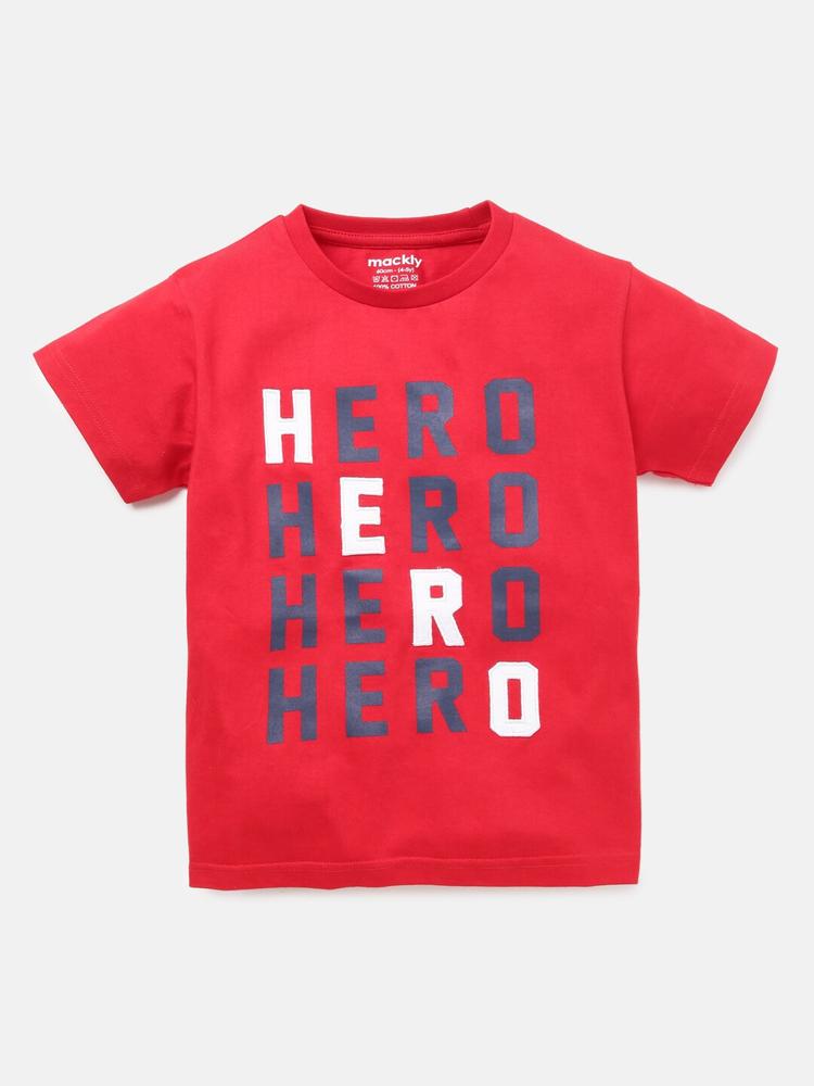 mackly Boys Red Typography Printed Cotton T-shirt