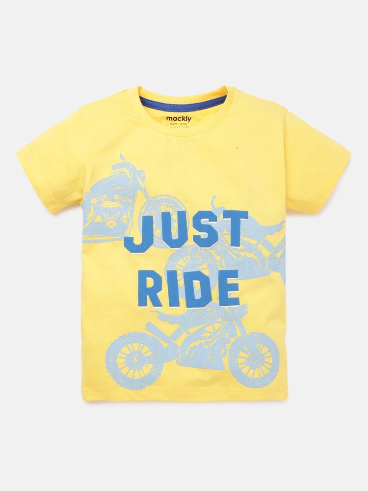 mackly Boys Yellow Biker Printed Cotton T-shirt
