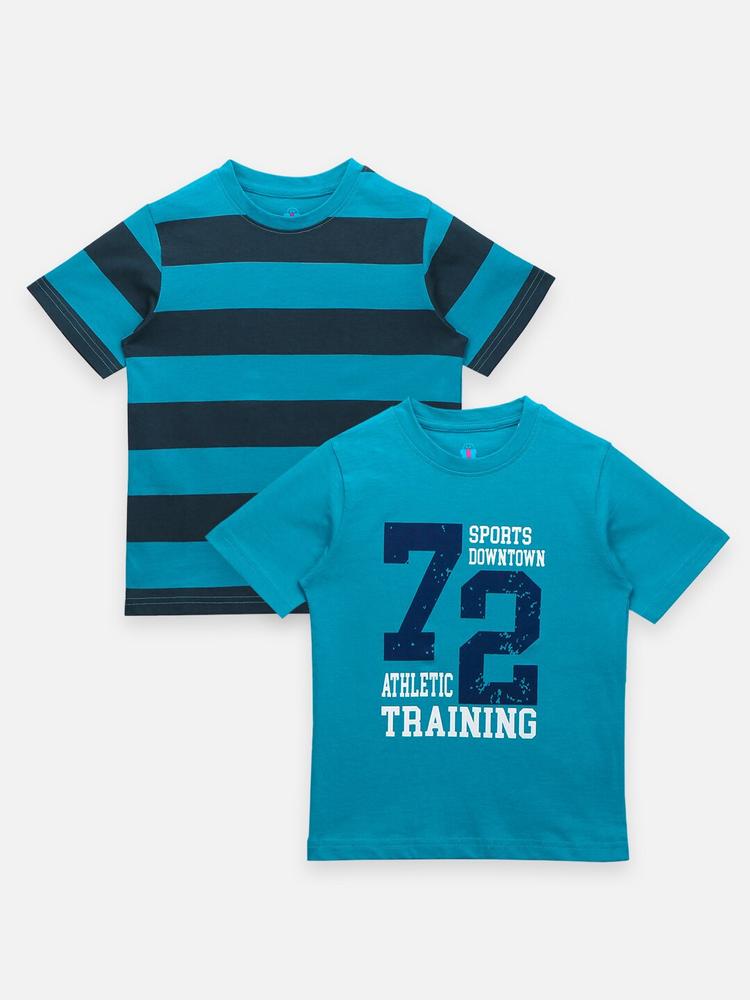 LilPicks Boys Teal Blue Set of 2 Typography Printed Outdoor Cotton T-shirt
