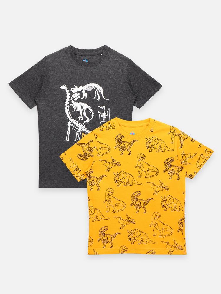 LilPicks Boys Pack Of 2 Grey & Yellow Printed Outdoor T-shirts