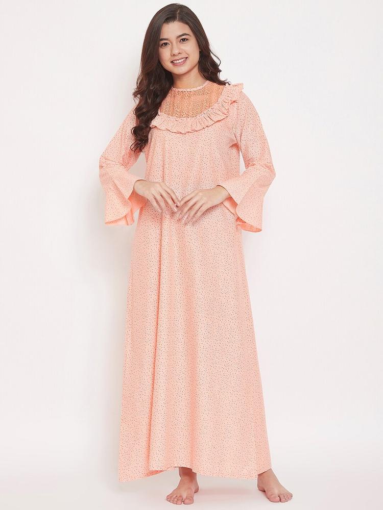 The Kaftan Company Women Peach-Coloured Printed Cotton Maxi Nightdress