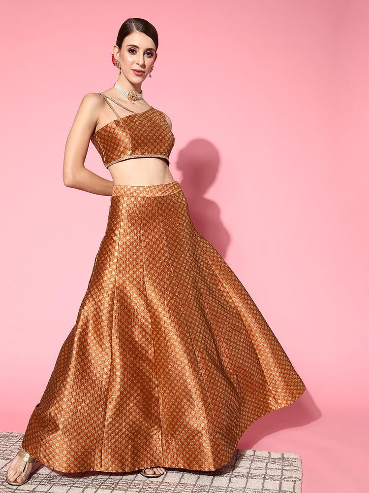 Inddus Women Attractive Rust Self-design Top With Skirt