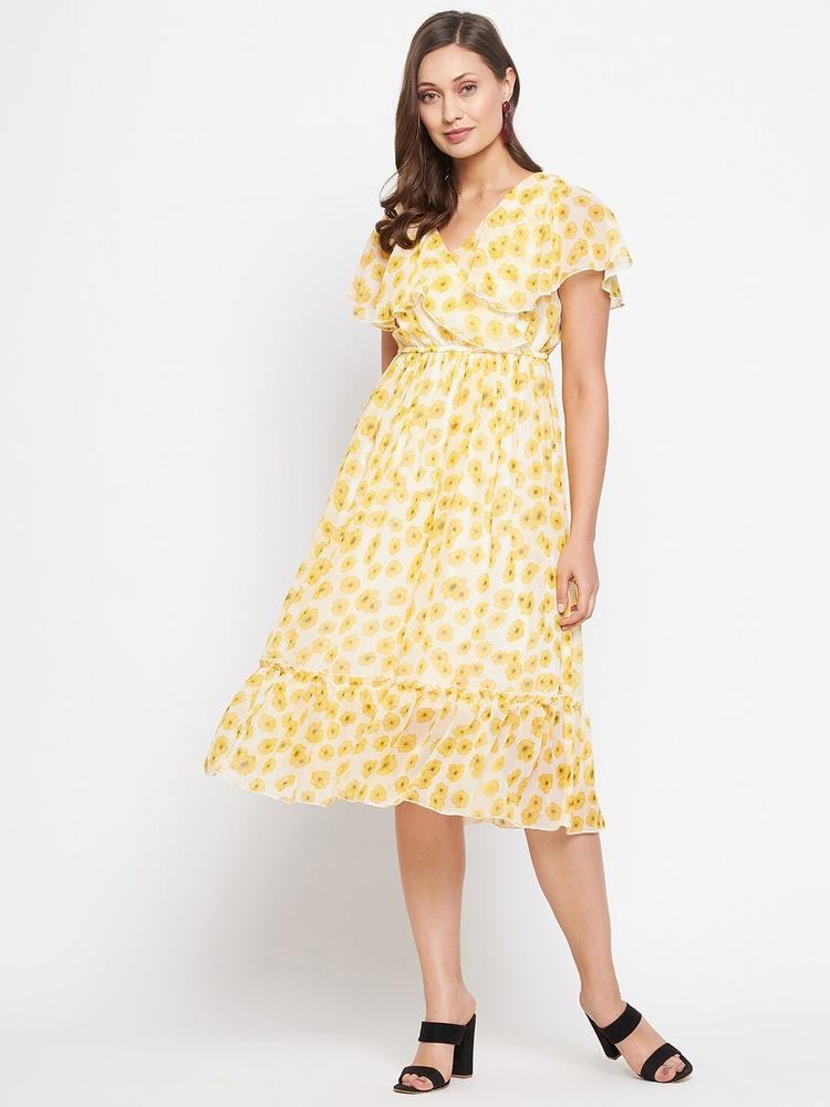 Bitterlime Yellow & White Floral Georgette Dress