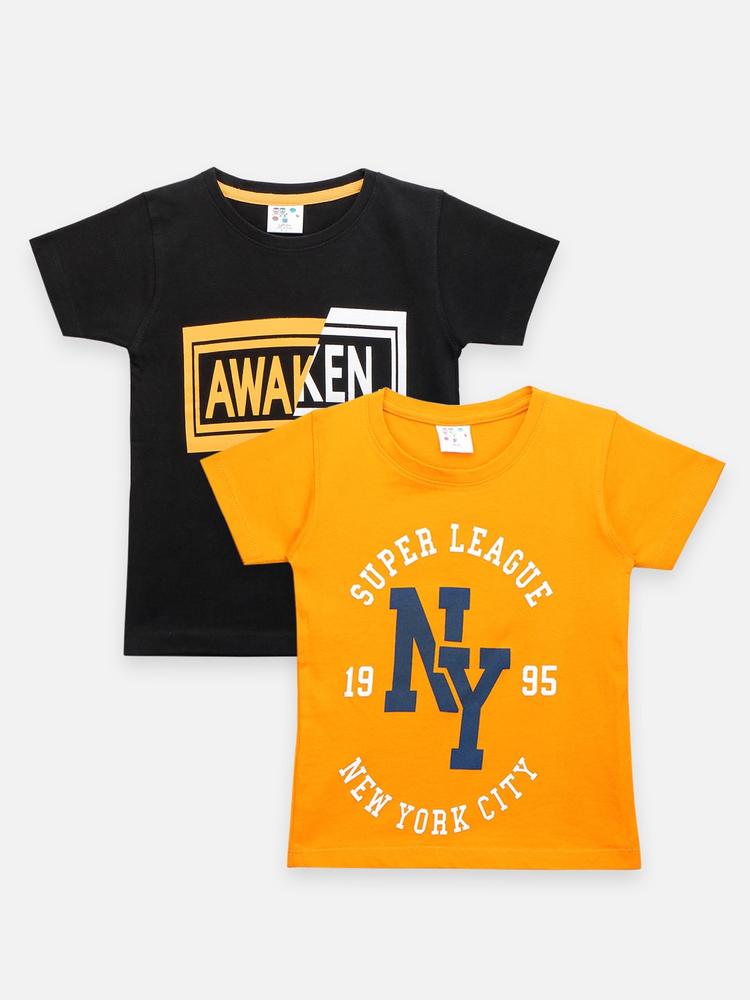 LilPicks Boys Yellow & Black Typography Pack Of 2 Printed Cotton T-shirt