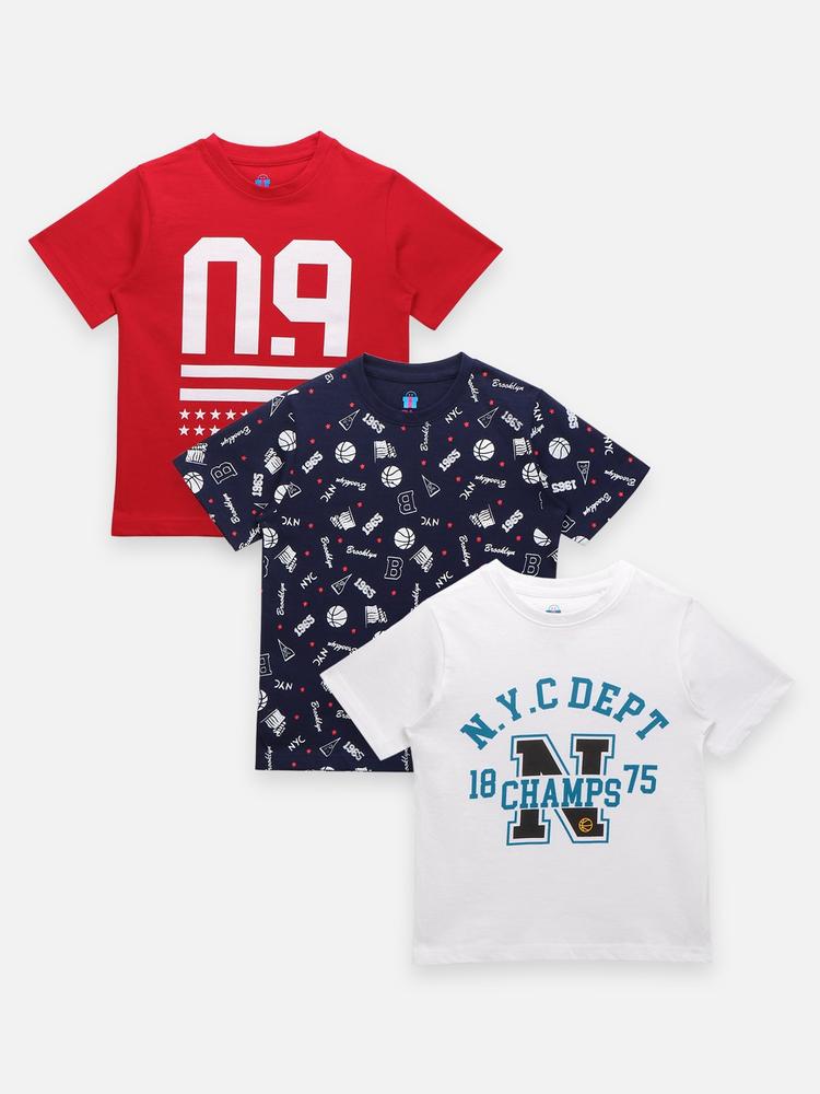 LilPicks Boys Set Of 3 White & Navy Blue Typography Printed Cotton T-shirt