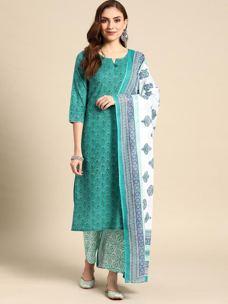 Prakrti Women Turquoise Blue Pure Cotton Motifs Printed Kurta with Trousers & Dupatta