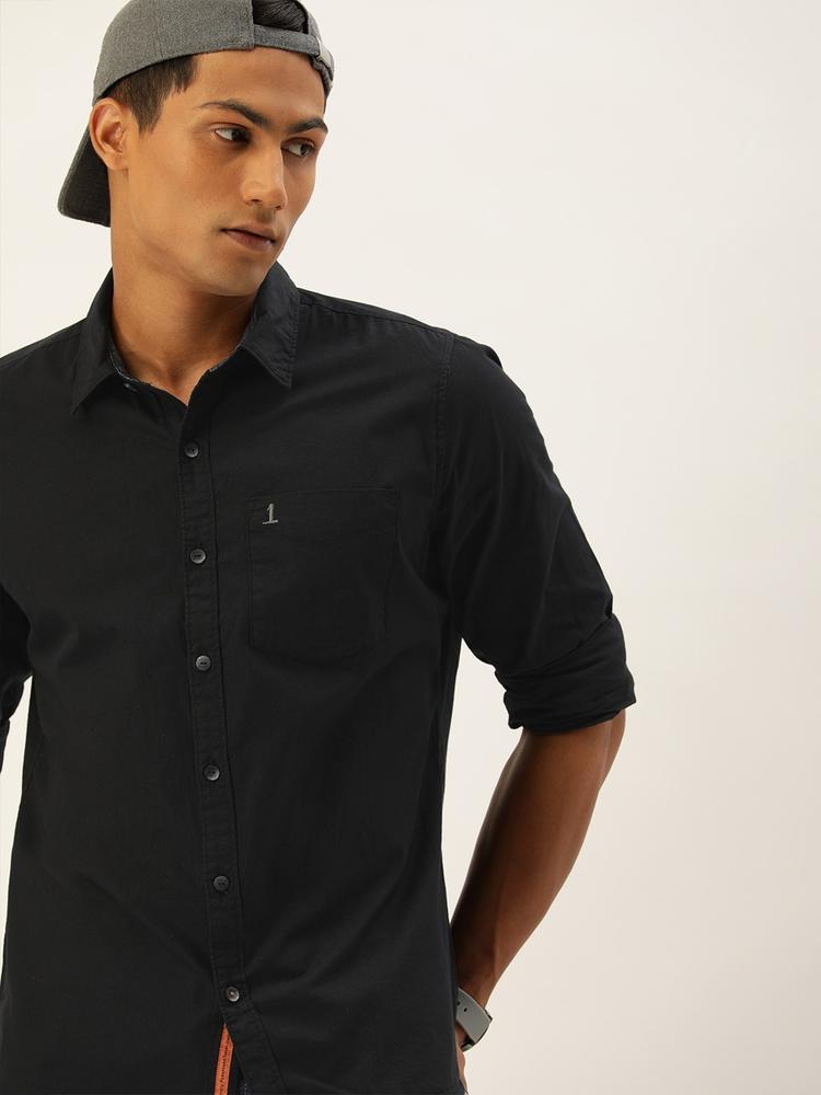 SINGLE Men Black Solid Slim Fit Casual Pure Cotton Shirt